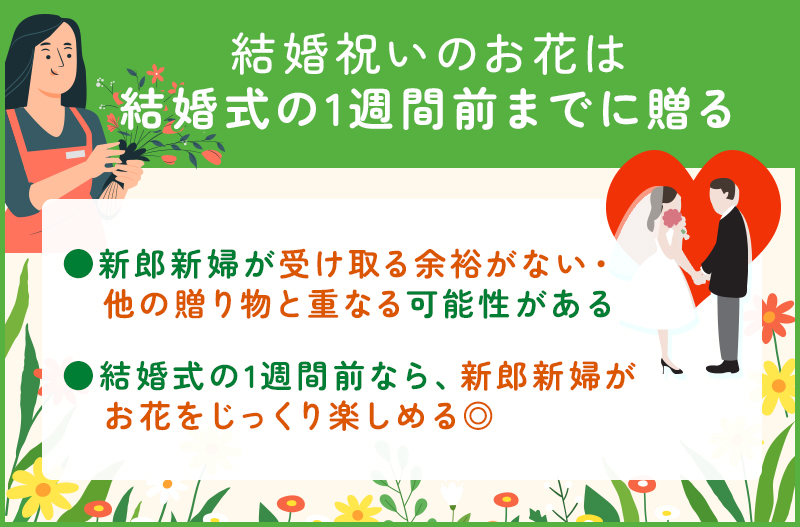 結婚祝いのお花は結婚式の1週間前までに贈る