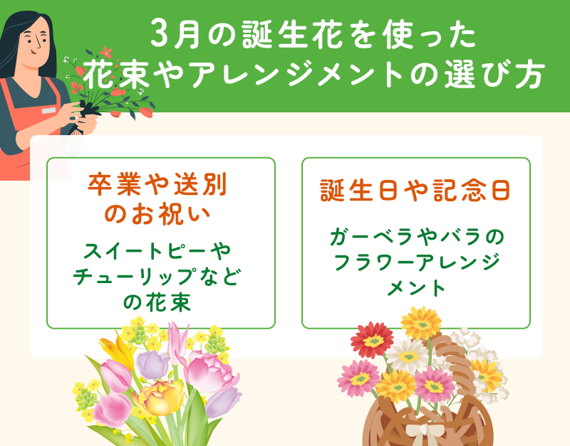 3月の誕生花を使った花束やアレンジメントの選び方