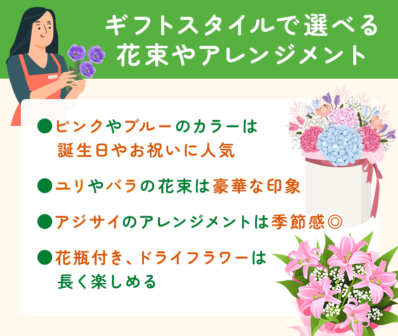 ギフトスタイルで選べる花束やアレンジメント